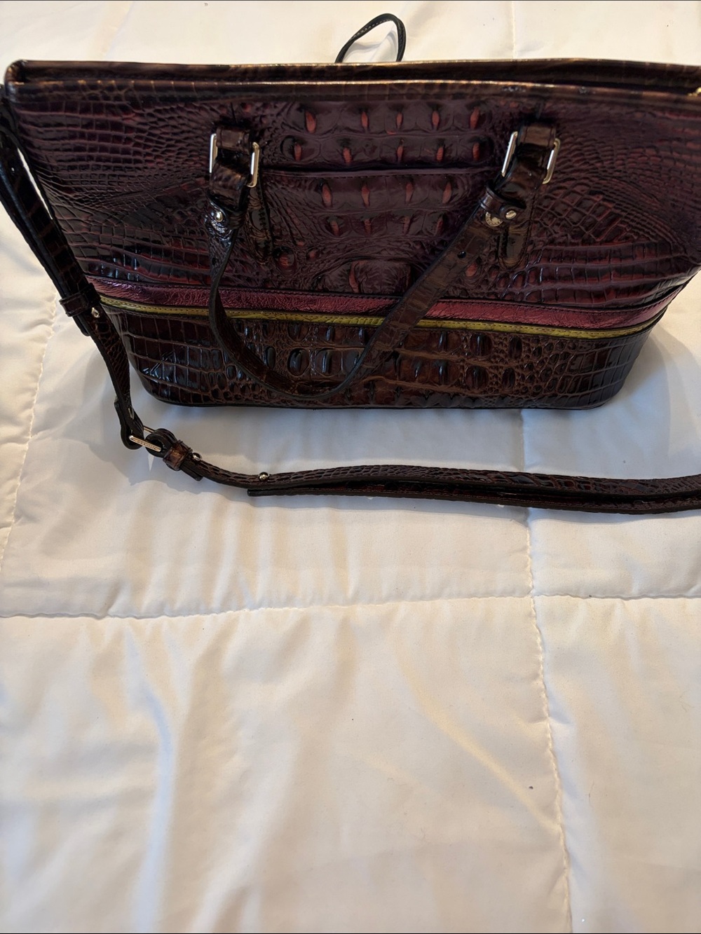 Brahmin Croc-Embossed Satchel in Burgundy with Pink and Yellow Accent - Picture 2 of 3